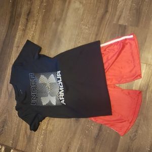 Bundle of medium size 1 black shirt and 1  red shorts. Both under Armour